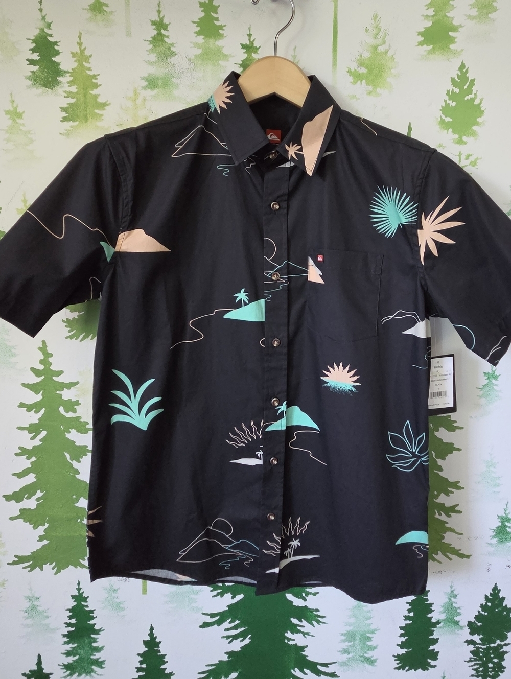 Quiksilver Black Short-Sleeve Button-Down with Mint and Peach Tropical Motif